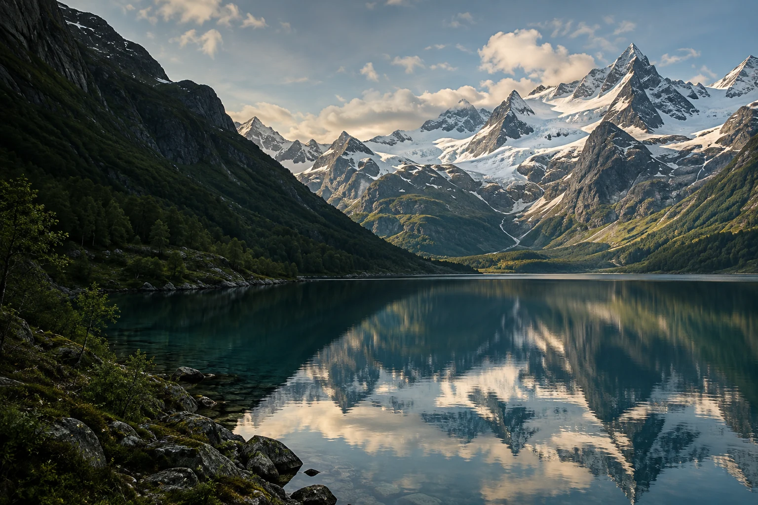 Snødekte fjell og deres speilbilde i en stille innsjø